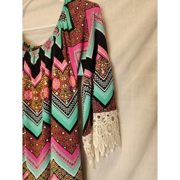 Chevron Top Tunic Boho Blouse Size XLarge 3/4 Lace Multi-Color Hippie Women's - Picture 4 of 8